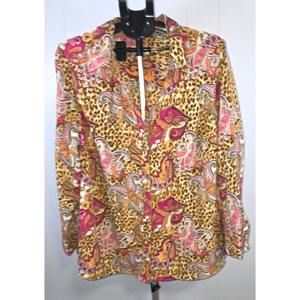 Denim & Co Paisley Brown Leapord Print Orange Pink Button Front Size 2X